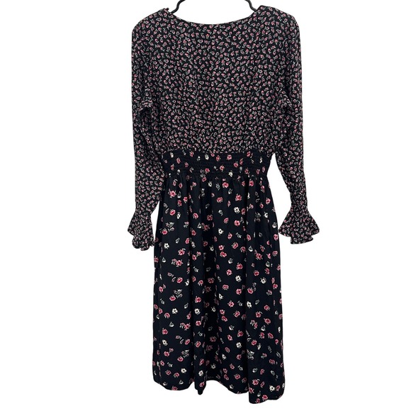 VTG 80s Lanz Originals Ditsy Floral Shirred Midi Dress Black Pink Chintz Cottage - Picture 2 of 13